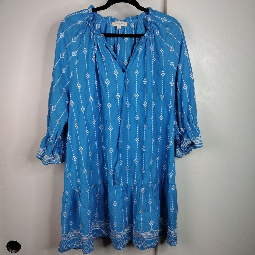 Umgee Collar Split Neck Short Ruffle Sleeves Tiered Mini Dress Plus Sz 2X Blue - Picture 2 of 9